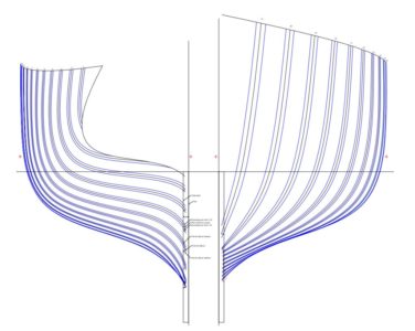 Vertical d'un bateau en construction traditionnelle, incluant l'équerrage de chaque membrure.